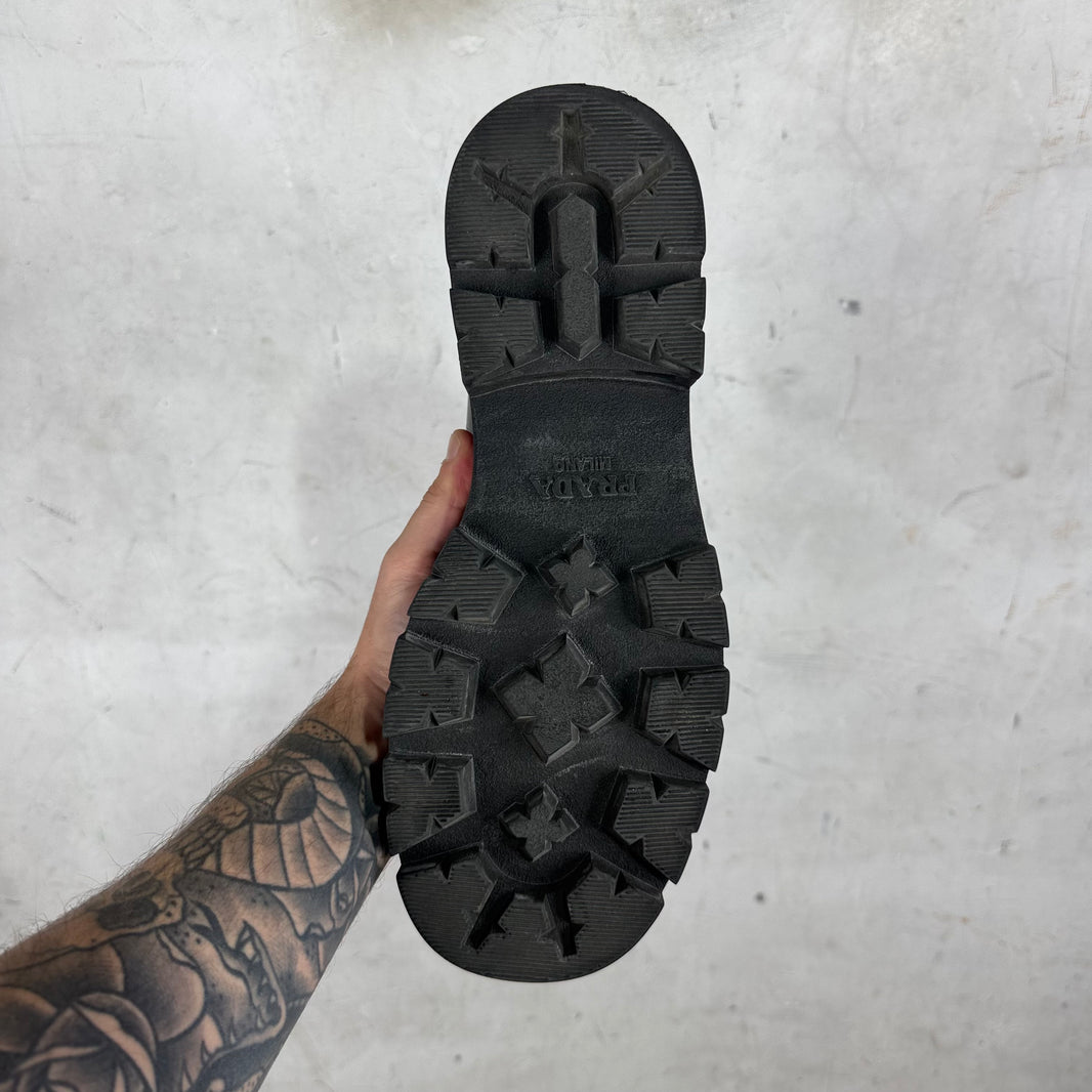 Prada Leather Plaque Lug Boots