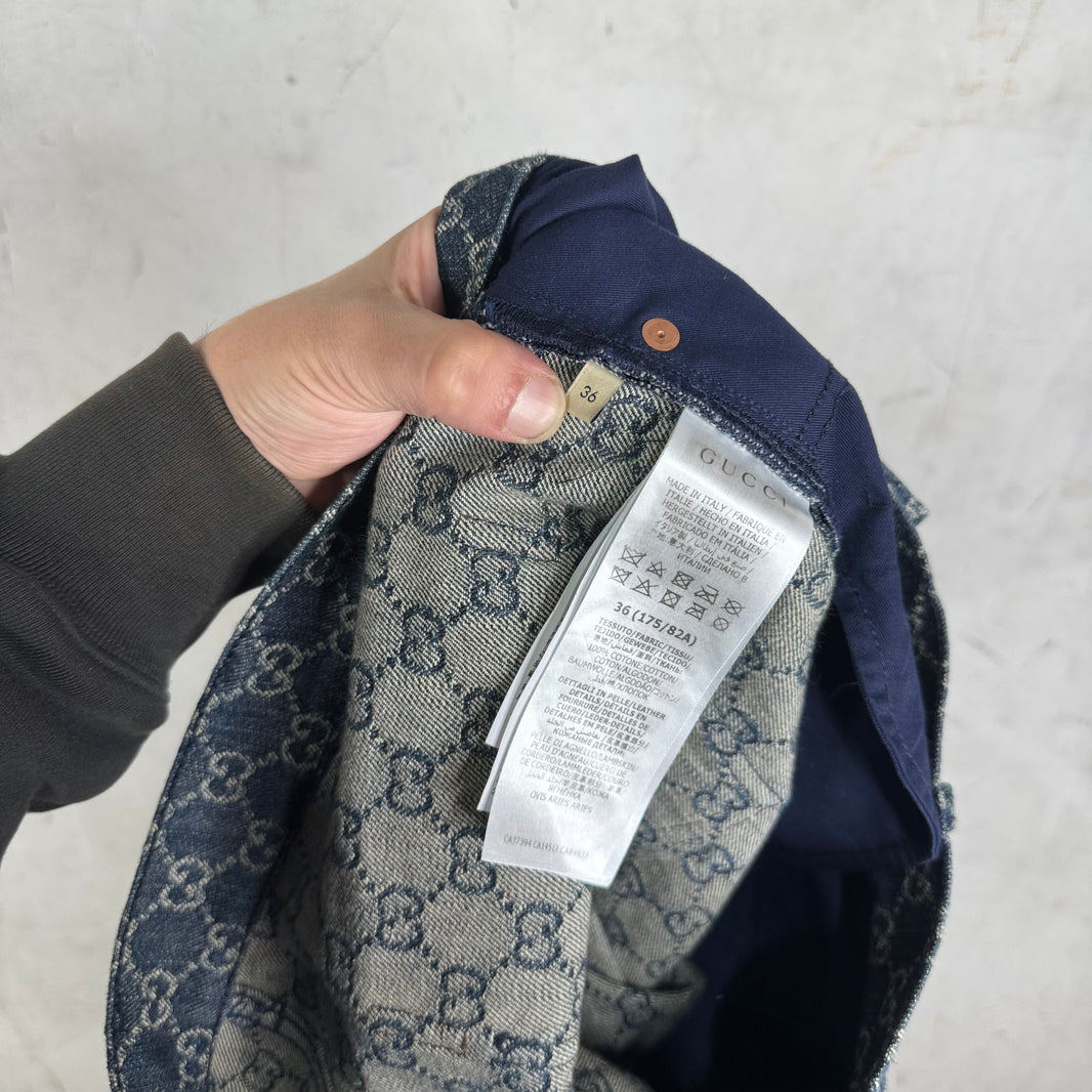Gucci Denim Monogram Leather Trimmed Jeans