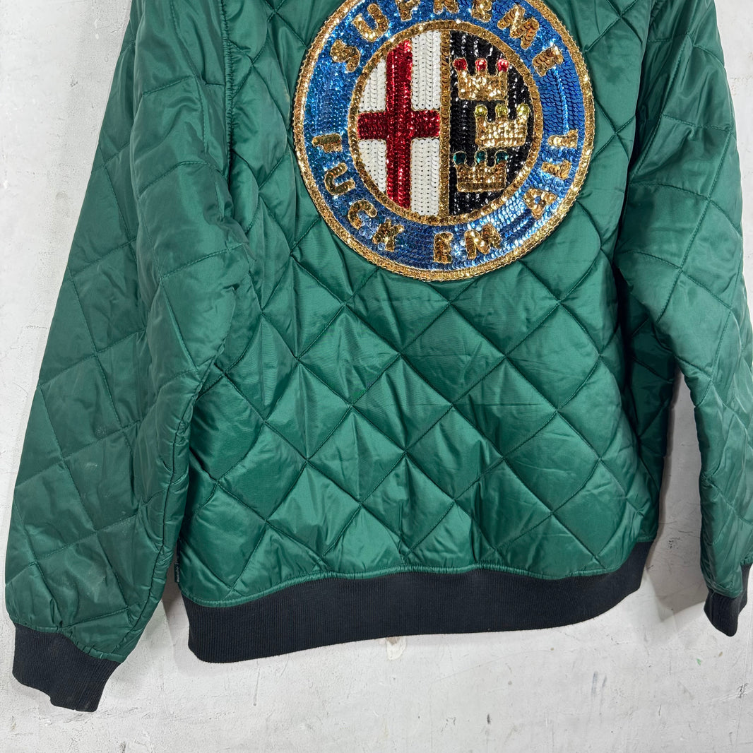 Supreme Green Sequin Patch Quilted Bomber