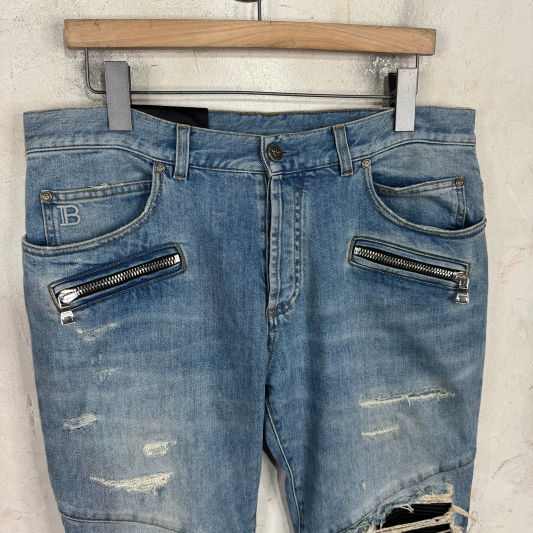 Balmain Lightwash Leather Patched Biker Jeans