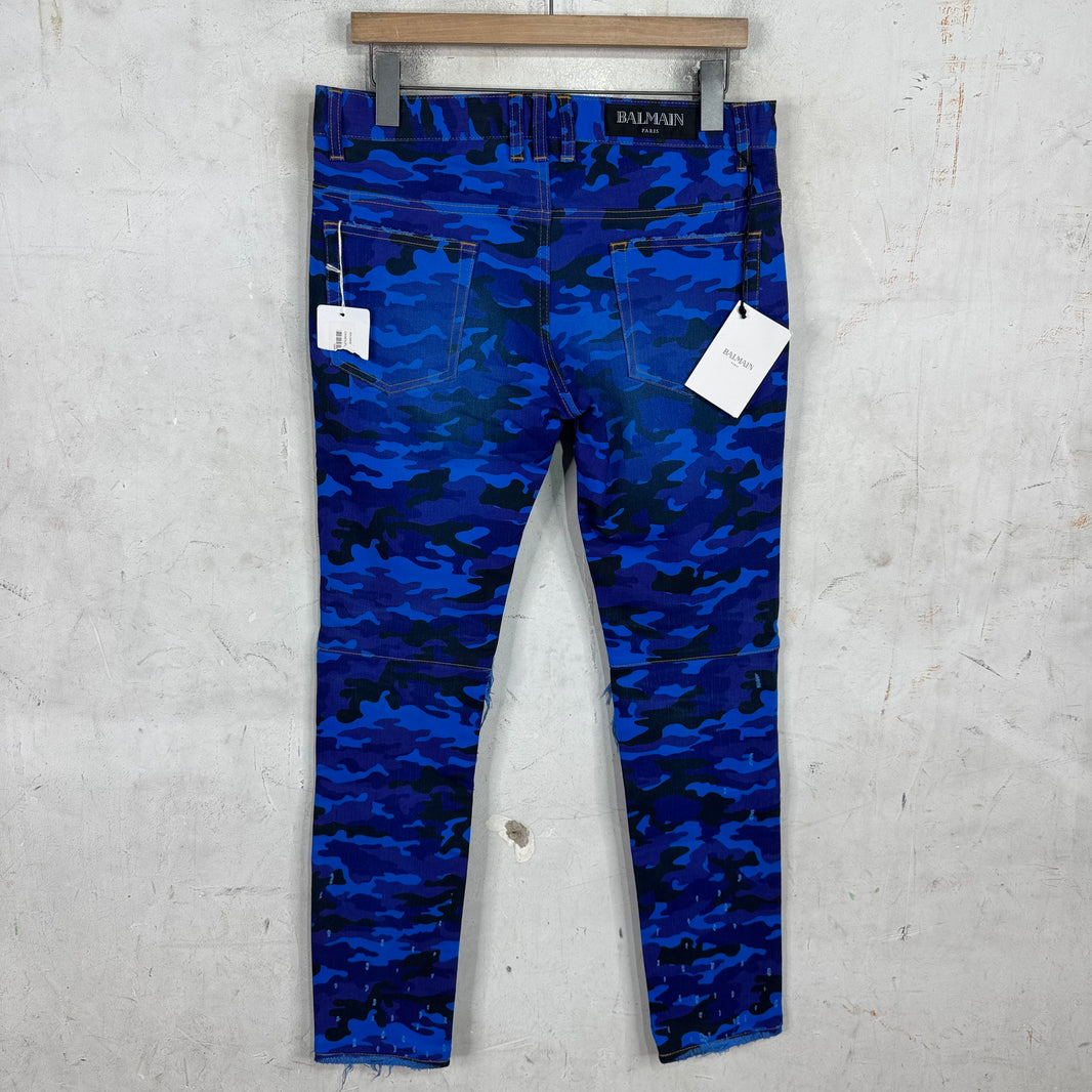 Balmain Blue Camo Biker Jeans New
