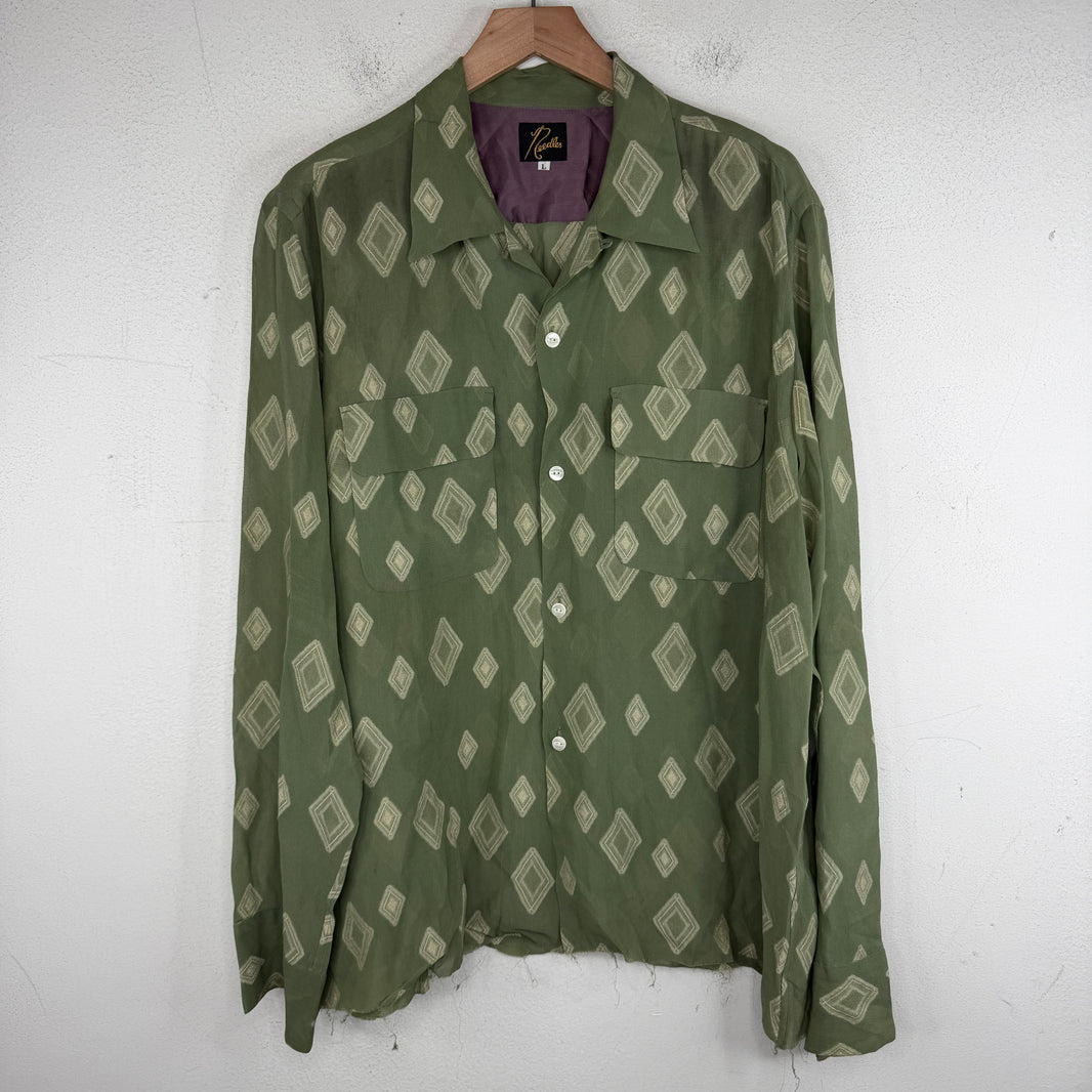 Needles Green Diamond Pattern Rayon LS Button Up Shirt