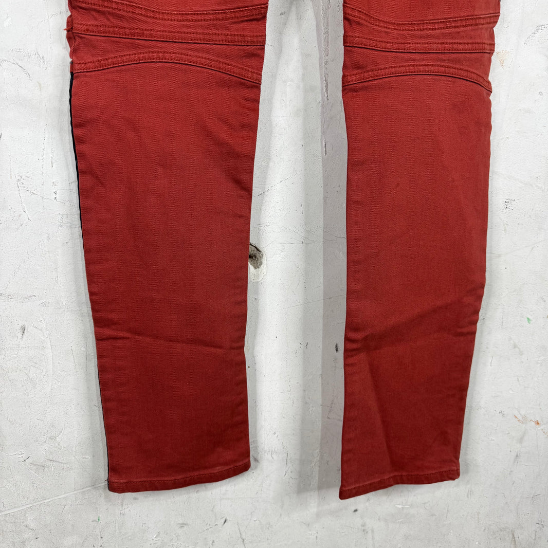 Balmain Orange Denim Trimmed Biker Jeans