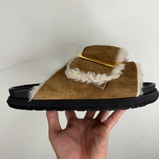 Sacai Big Buckle Suede Shearling Slide