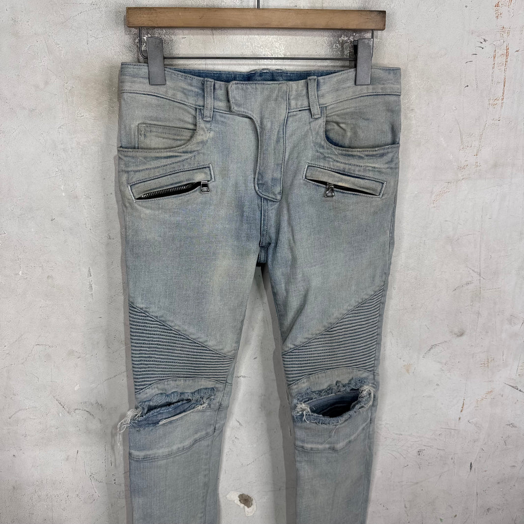Balmain Light Wash Distressed Biker Jeans
