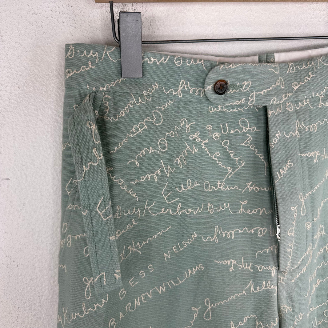 Bode Green Text Chainstitch Trousers