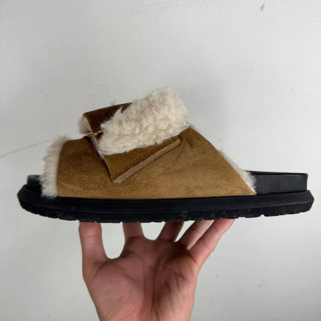 Sacai Big Buckle Suede Shearling Slide