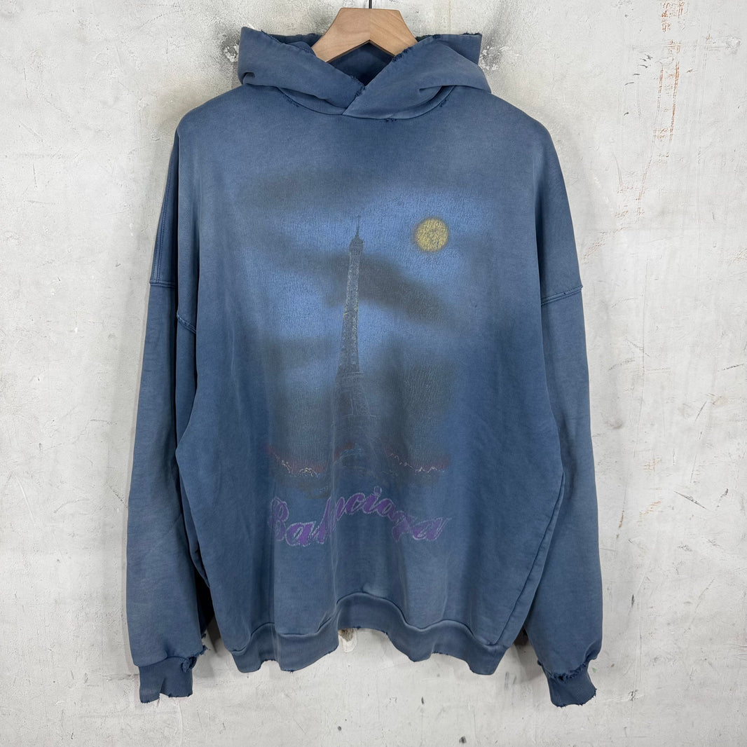 Balenciaga Blue Faded Paris Moon Hoodie