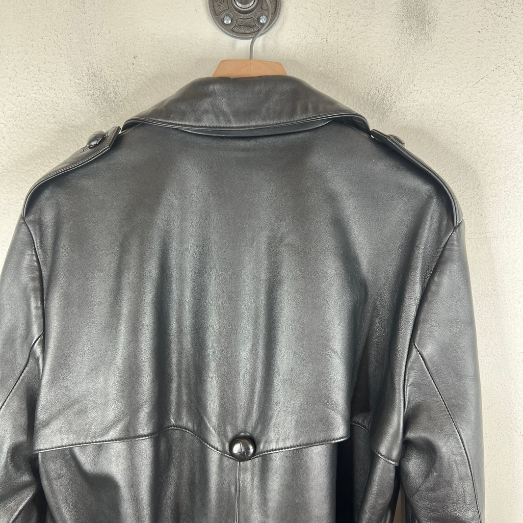 Ernest W. Baker Double Breasted Black Leather Trench Coat