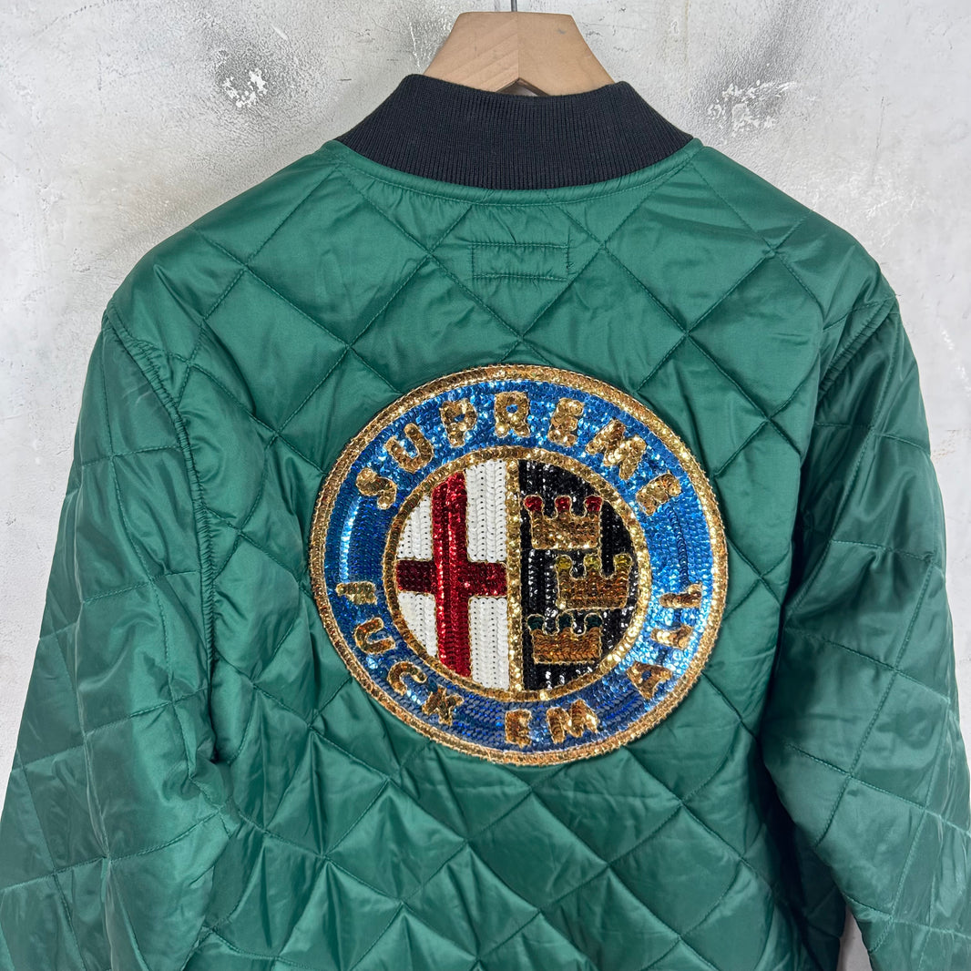 Supreme Green Sequin Patch Quilted Bomber