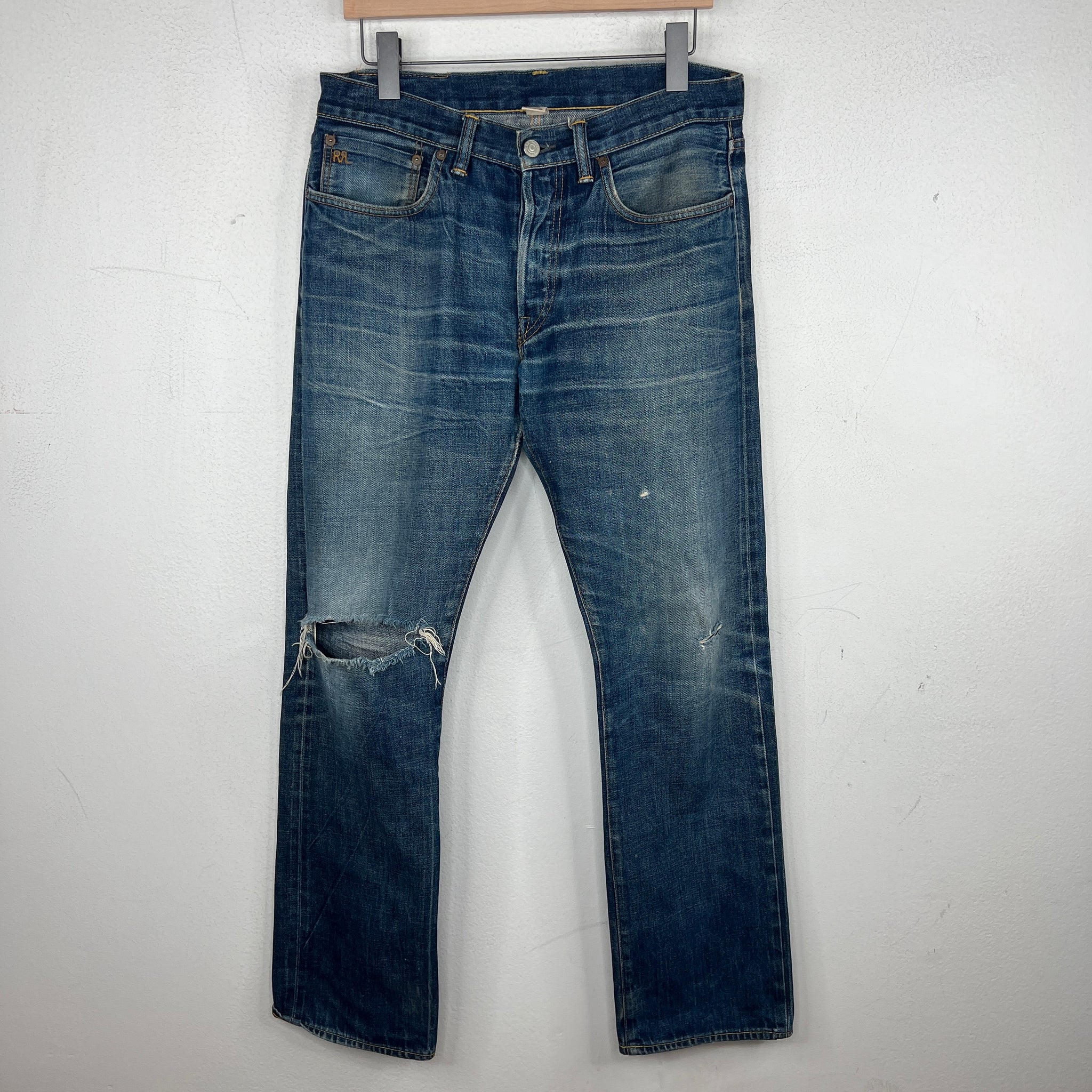 RRL Distressed Knee Cut Denim Jeans