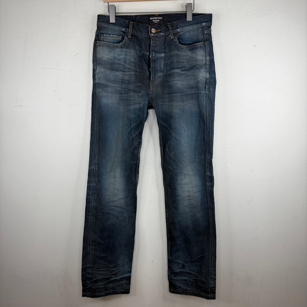 Balenciaga Coated Distressed Dark Wash Straight Leg Jeans