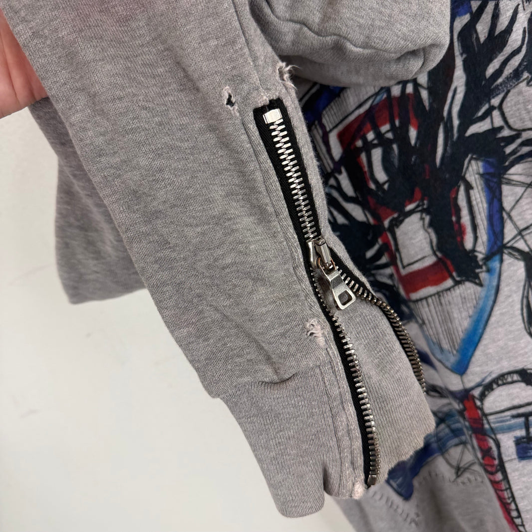 Balmain Gray Patchwork Graffiti Zip Up Hoodie