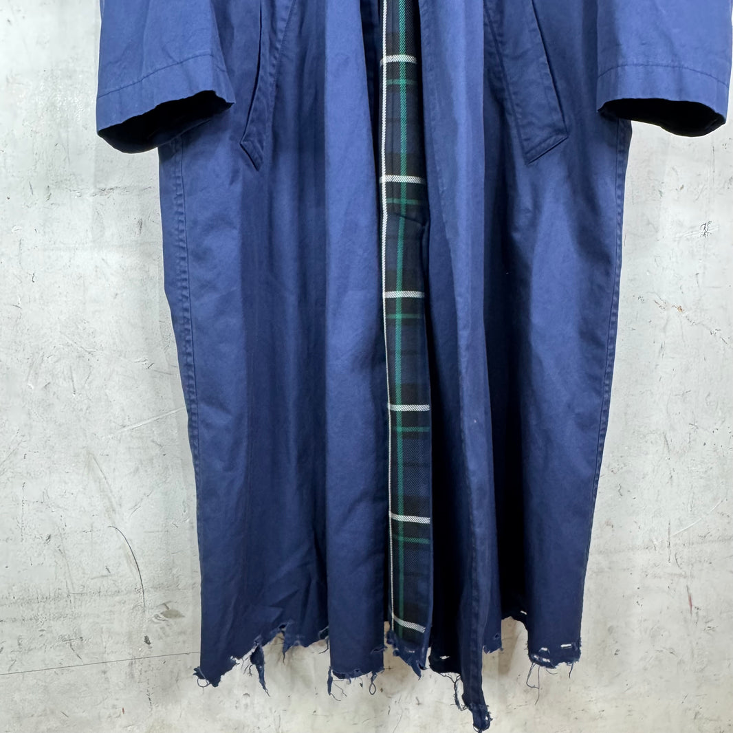 Balenciaga Distressed Hem Plaid Lined Long Coat