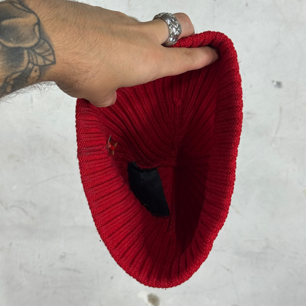 Prada Red Bar Ribbed Beanie