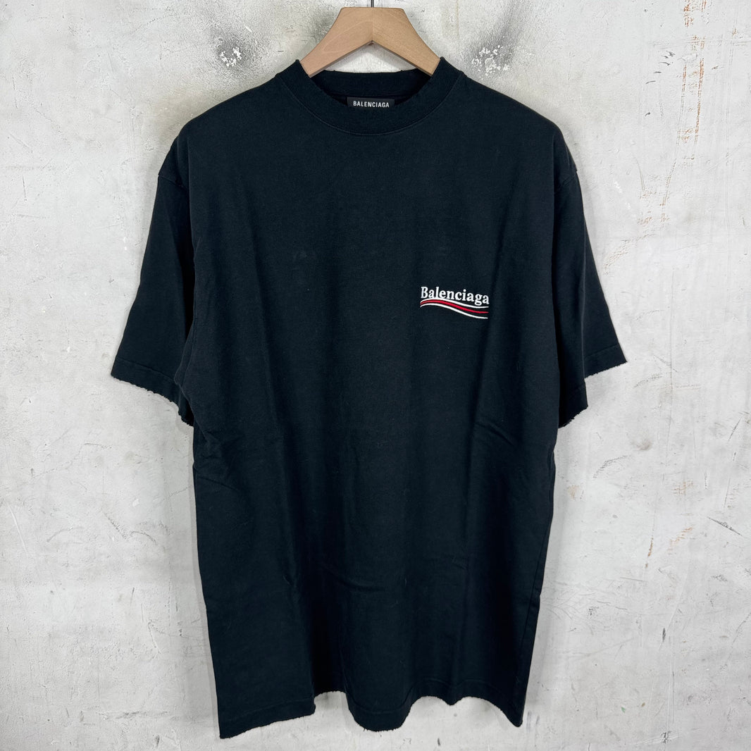 Balenciaga Distressed Black Embroidered Campaign T-Shirt