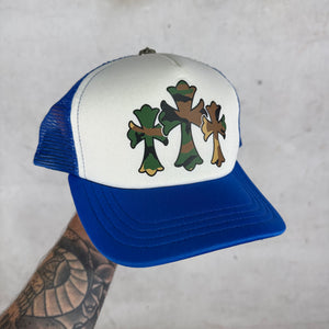 Chrome Hearts Blue Camo Triple Cross Printed Trucker Hat