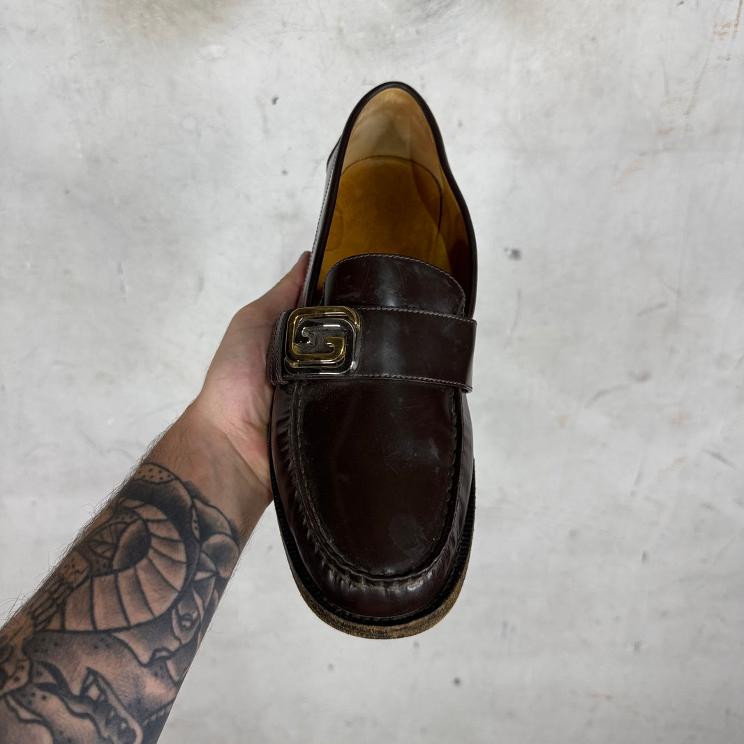 Gucci Two Tone G Buckle Brown Loafers