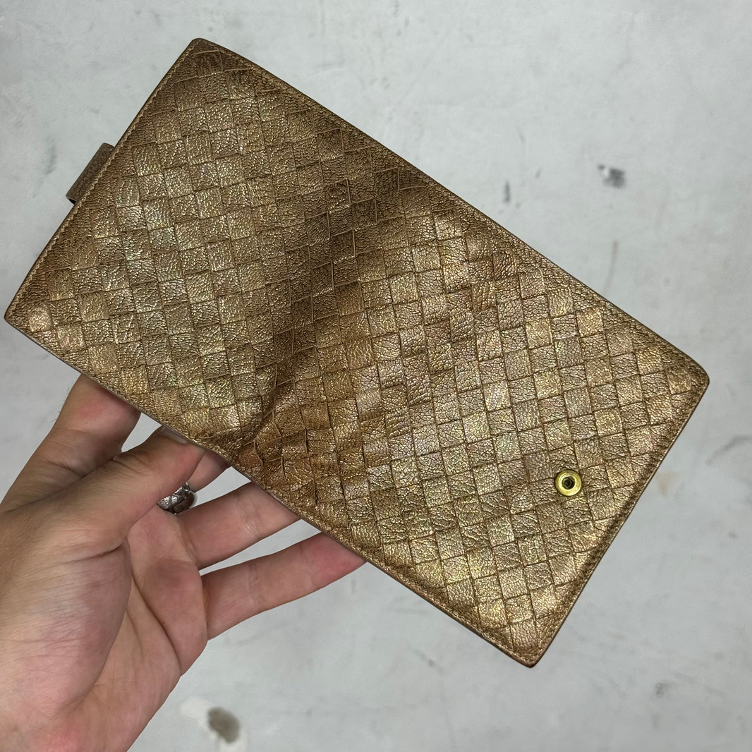 Bottega Veneta Gold Metallic Intrecciato Bi-Fold Wallet
