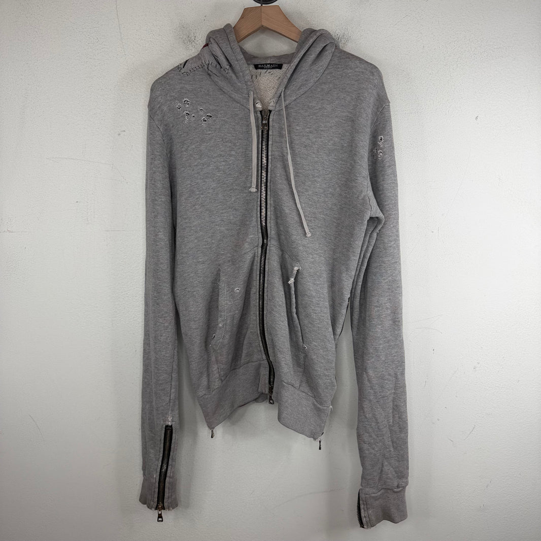 Balmain Gray Patchwork Graffiti Zip Up Hoodie