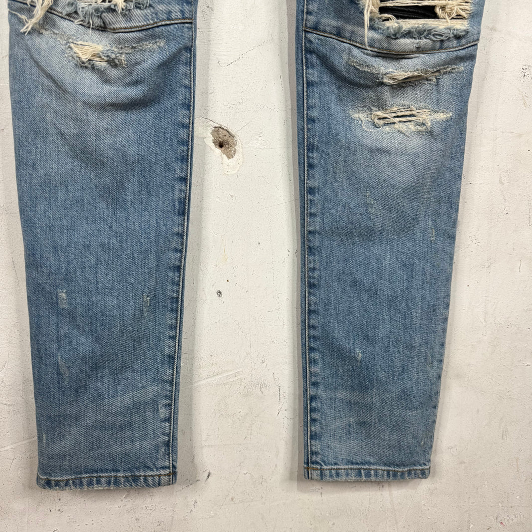 Balmain Lightwash Leather Patched Biker Jeans