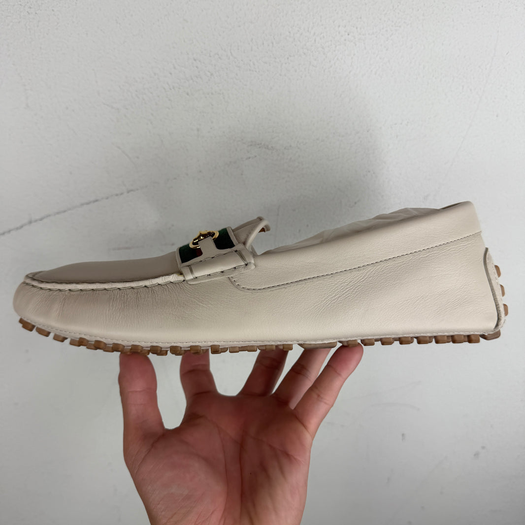 Gucci Cream Web Strap Horsebit Driving Loafer