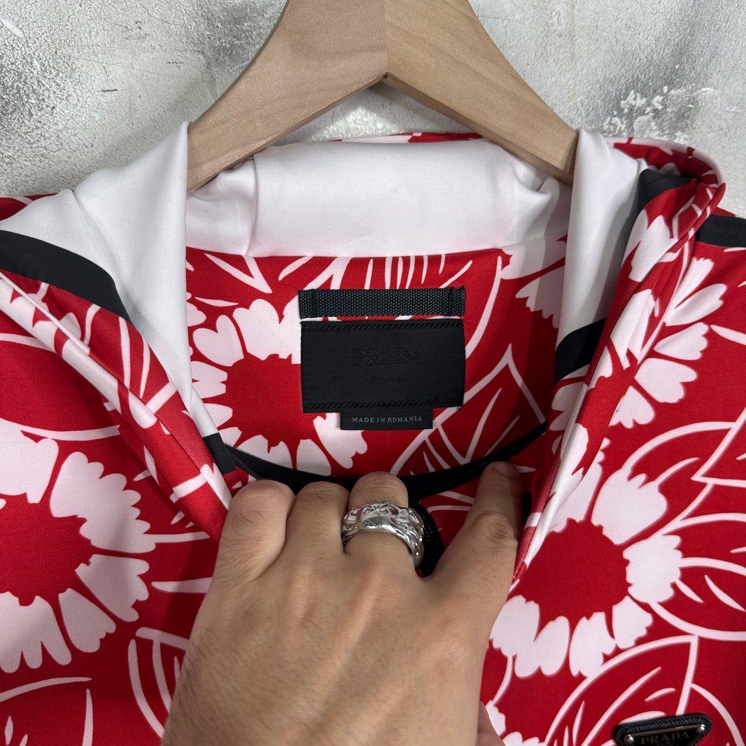 Prada Red Floral Plaqued Hooded Track Jacket