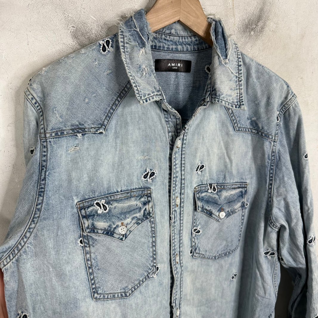Amiri Paisley Denim Distressed Shirt