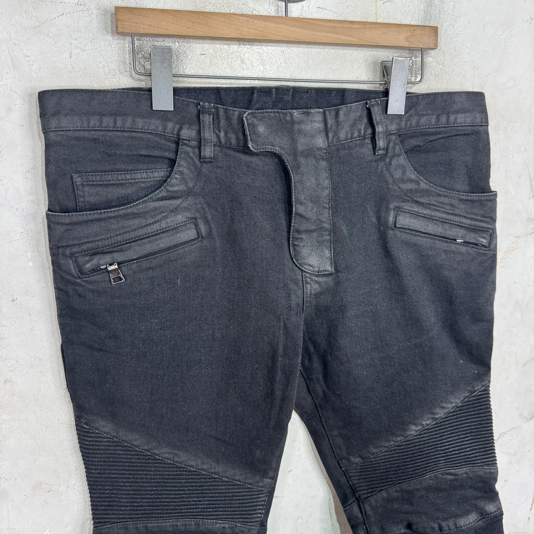 Balmain Waxed Black Biker Jeans