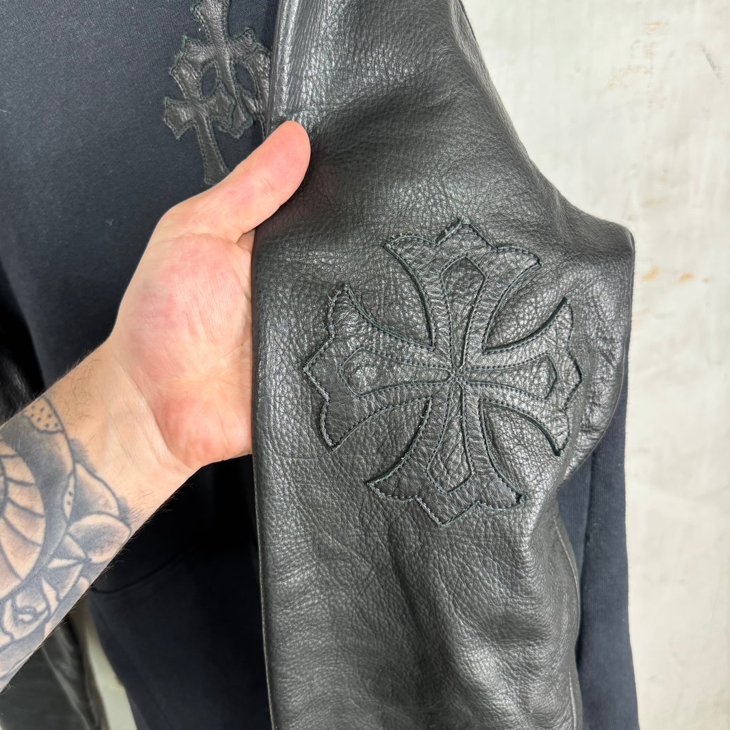 Chrome Hearts Triple Cross Leather Sleeved Crewneck
