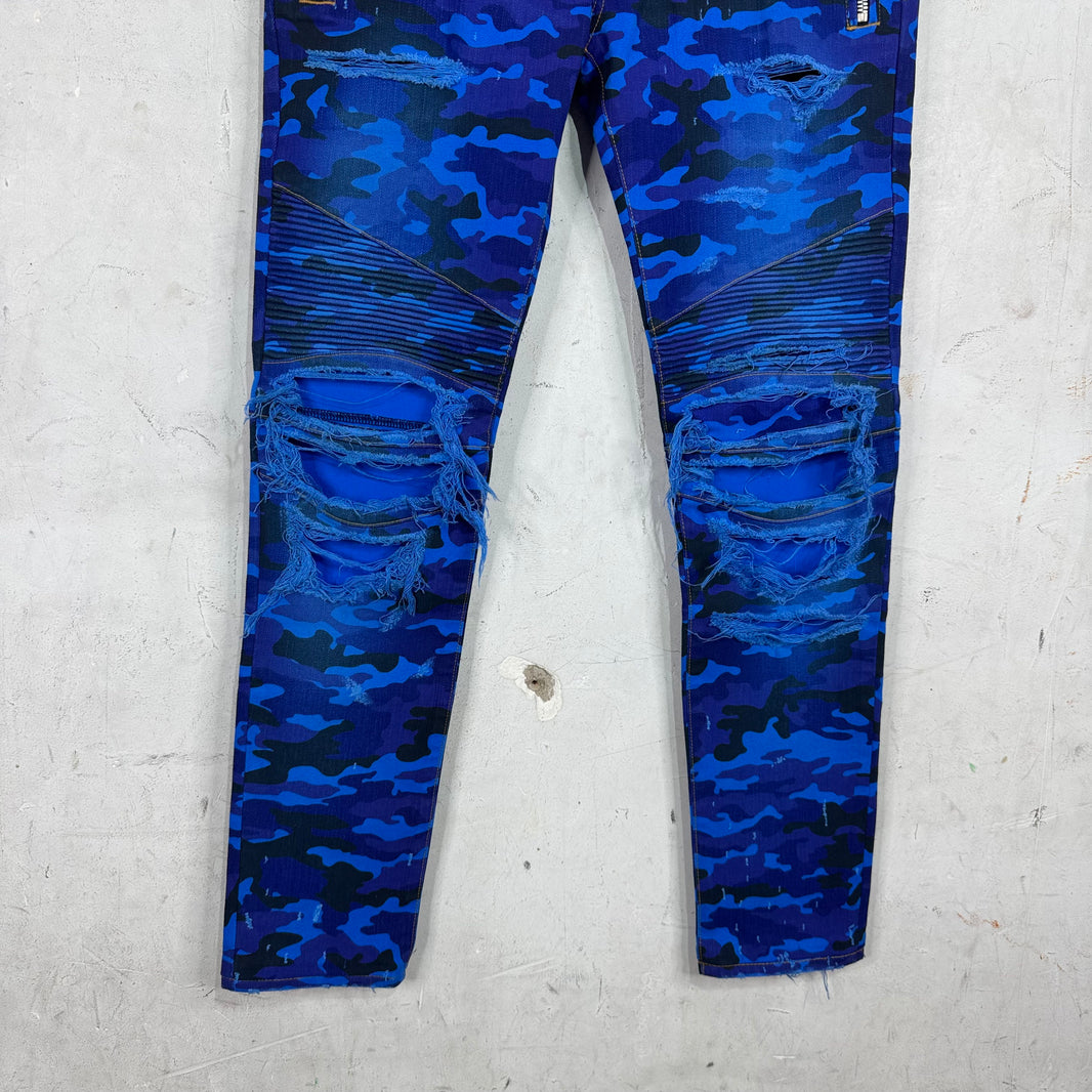 Balmain Blue Camo Biker Jeans New