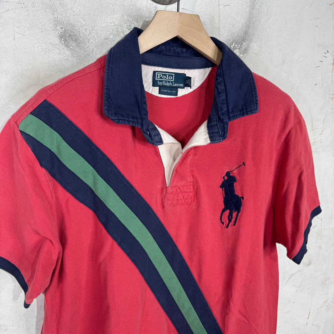 Ralph Lauren Faded Red Diagnal Navy Striped Big Pony Polo