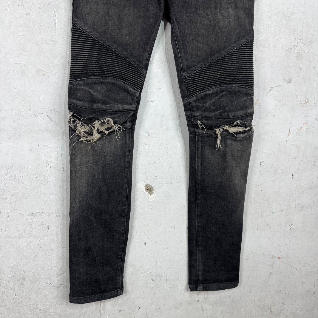 Balmain Charcoal Distressed Biker Jeans