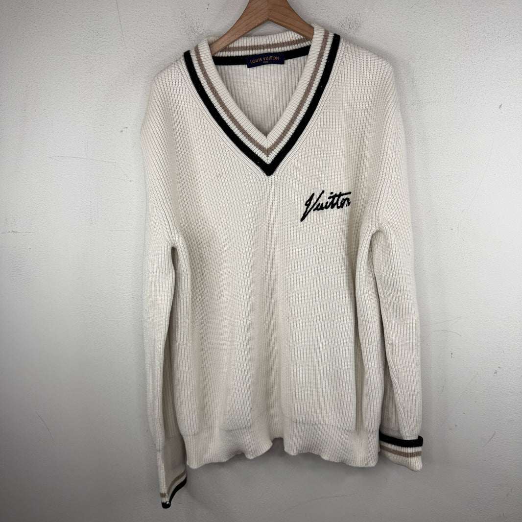 Louis Vuitton V Neck Cursive Logo Knit Sweater