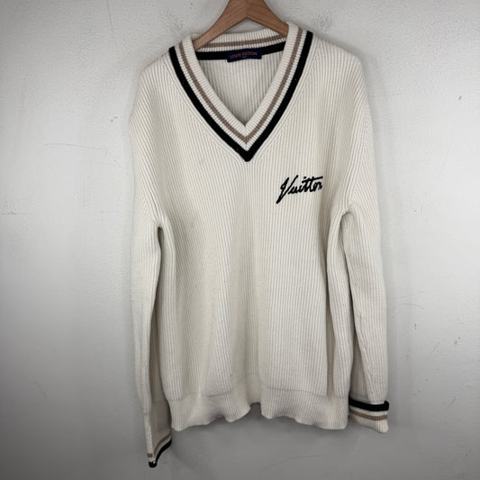 Louis Vuitton V Neck Cursive Logo Knit Sweater