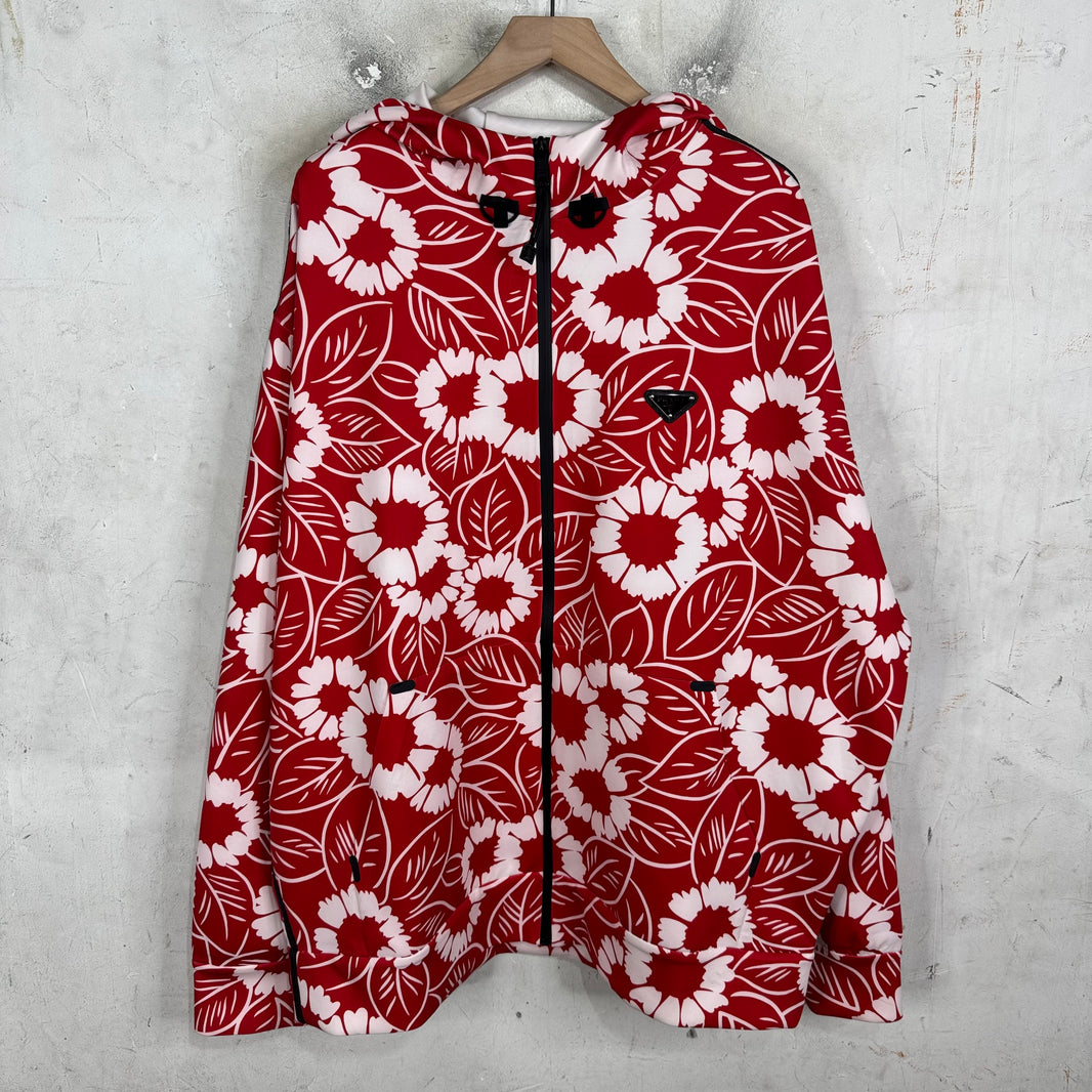 Prada Red Floral Plaqued Hooded Track Jacket