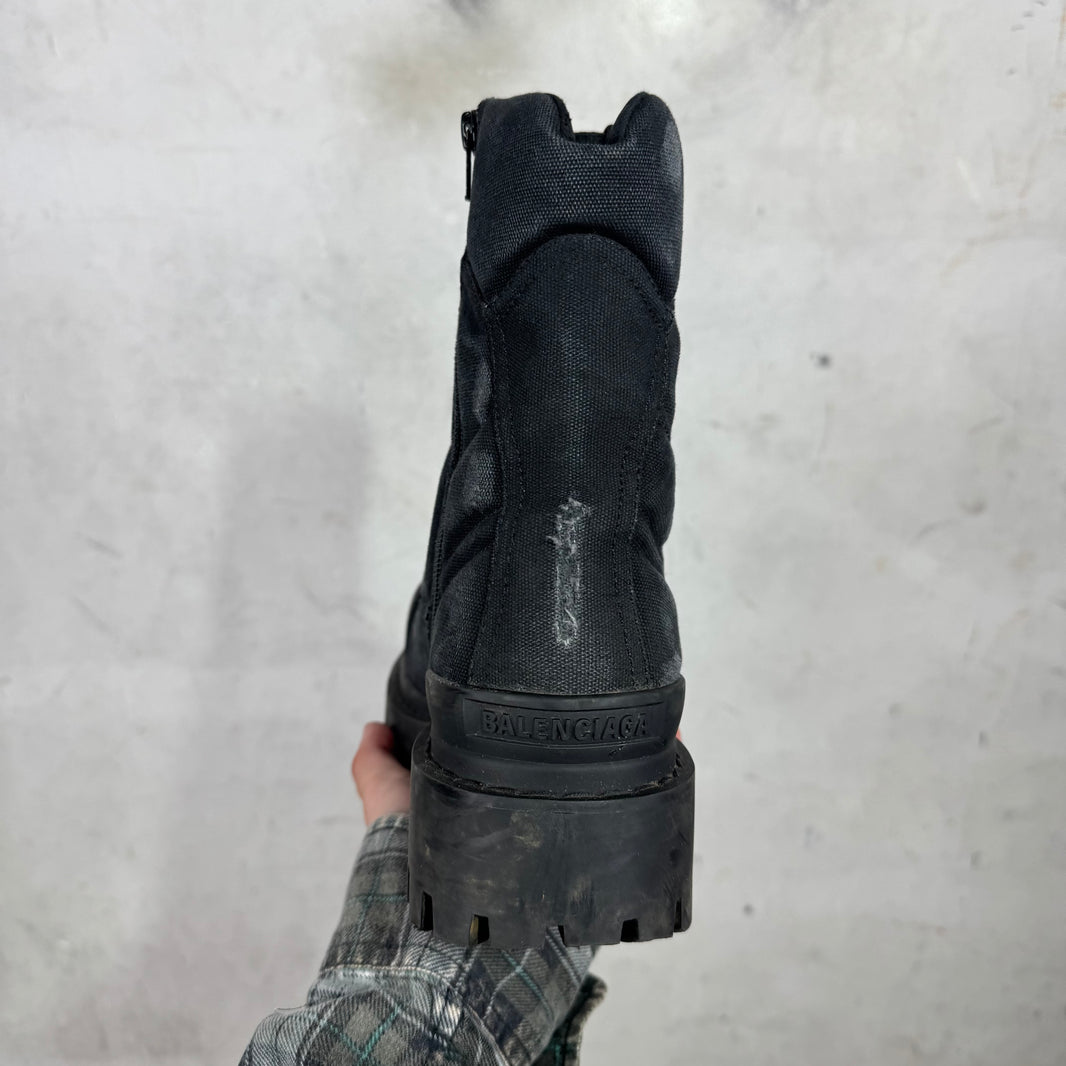 Balenciaga Black Distressed Canvas Strike Boots
