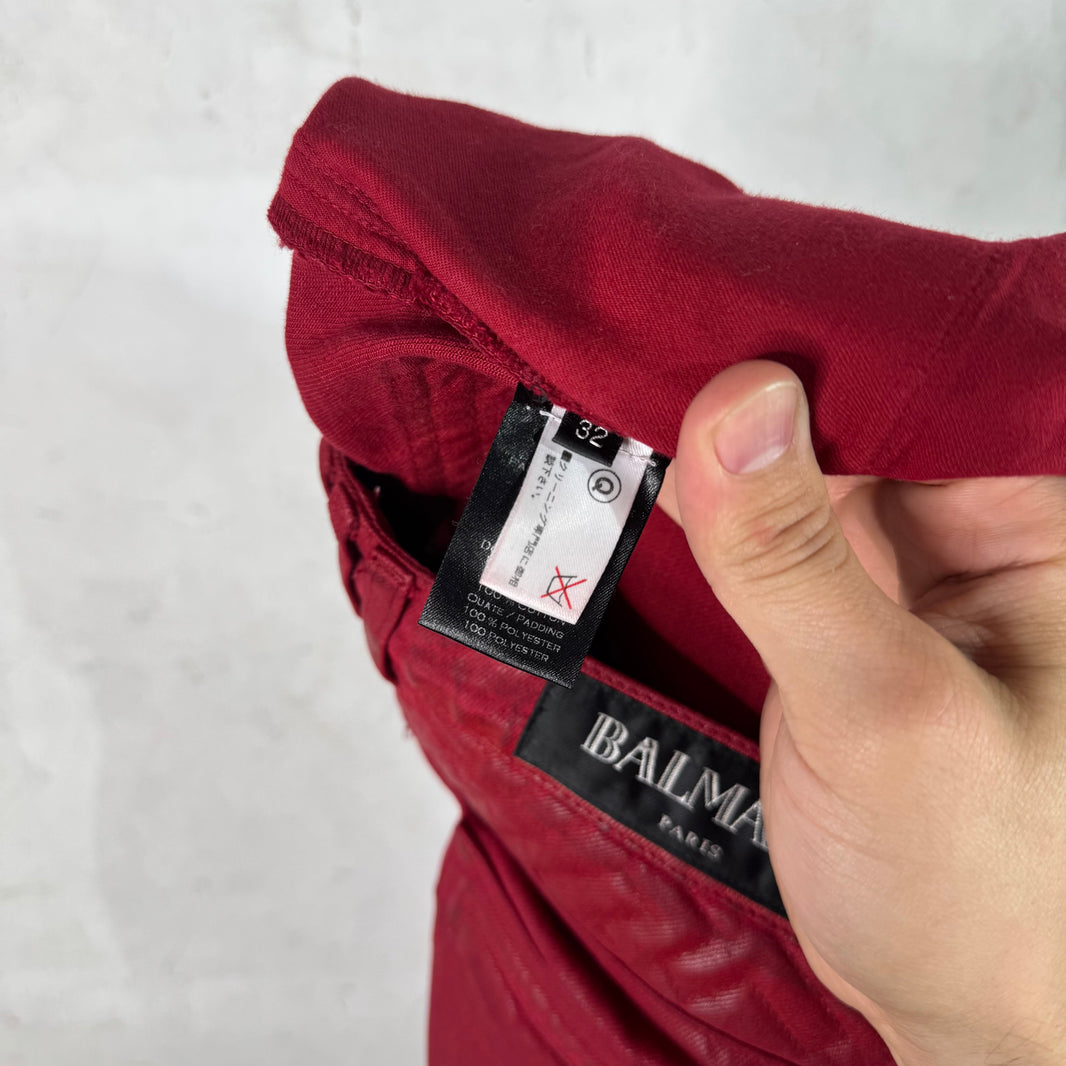 Balmain Red Waxed Biker Jeans