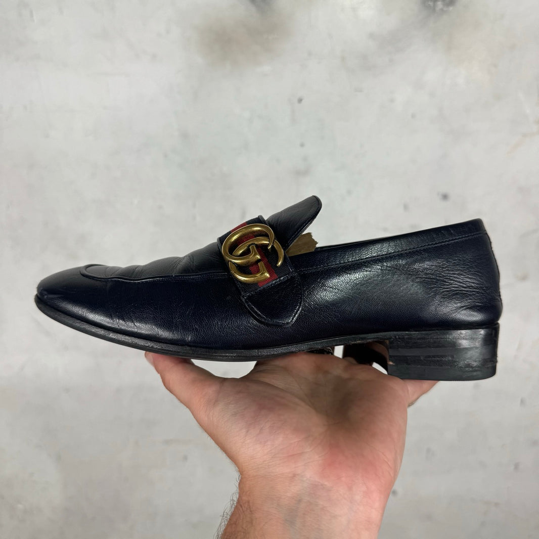Gucci Navy Buckled Stripe Loafers