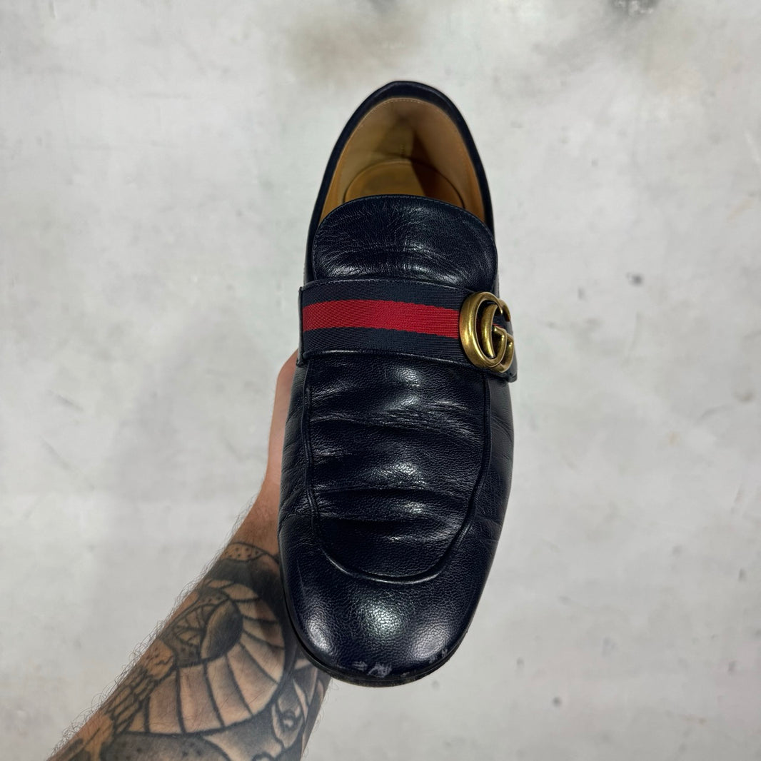 Gucci Navy Buckled Stripe Loafers